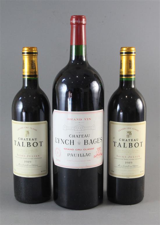 Two bottles of Chateau Talbot, St. Julien, 1989 and one magnum of Chateau Lynch Bages, 2004